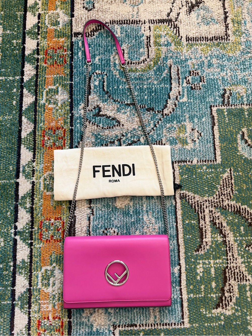 FENDI Calfskin F is Fendi Kan I WOC chain crossbody bag fuchsia pink clutch